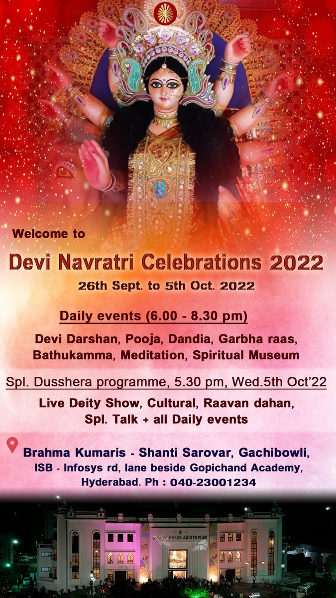 Dusserha Celebrations @ Shanti Sarovar

Devi Darshan, Live Diety Show, Ravan Dahan, Garba Raas, Bathukamma, Talk &amp; Meditation

Sunday, 5th Oct 2022, 6.00 pm Onwards
@ Brahma Kumaris - Shanti Sarovar, Gachibowli
              
#navratri2022 #shantisarovar #brahmakumaris
