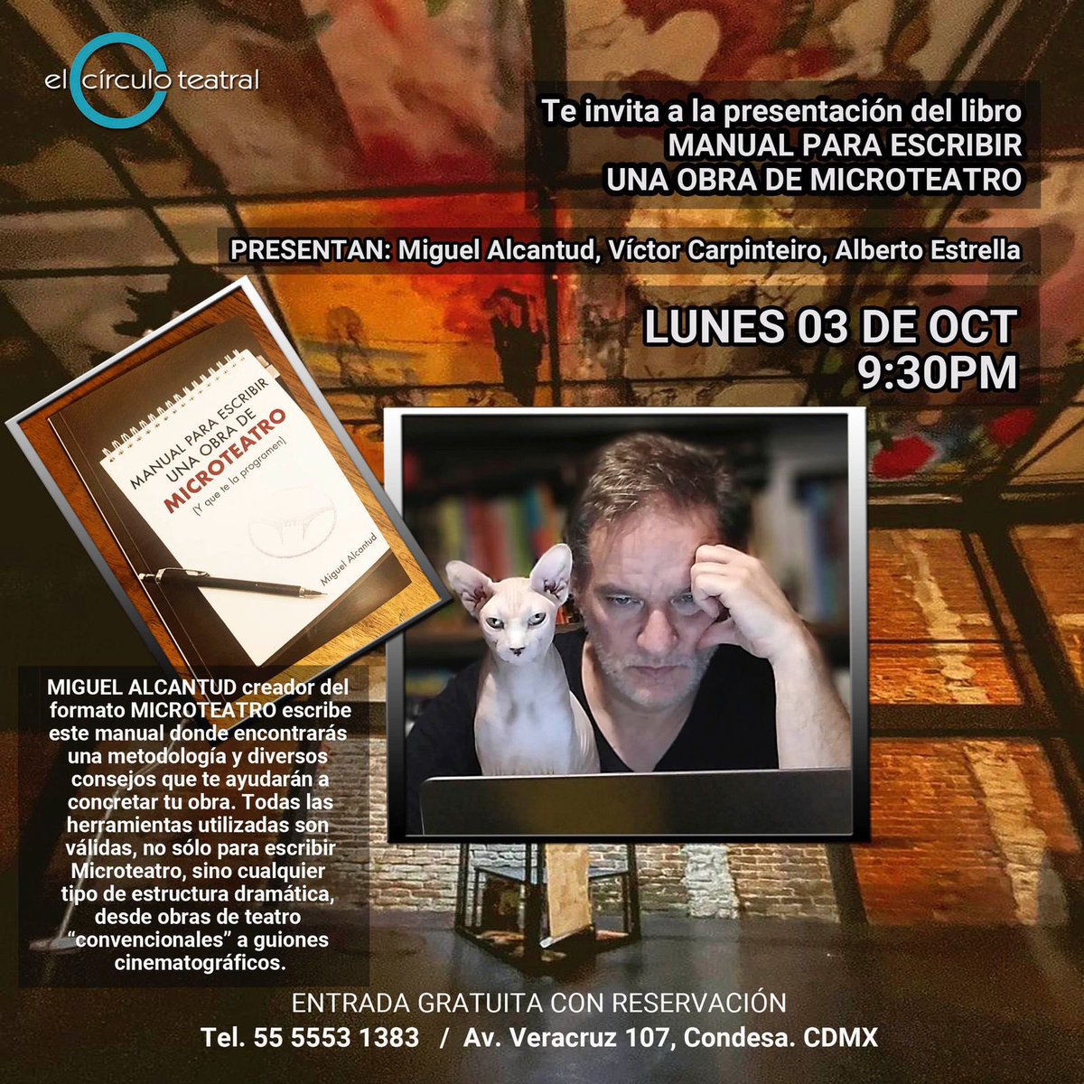 NegrasTeatro's tweet photo. Hoy no se pueden perder la presentación del libro “MANUAL PARA ESCRIBIR UNA OBRA DE MICROTEATRO”, original del CREADOR del concepto que ha revolucionado la forma de hacer teatro: MIGUEL ALCANTUD.

¡Los esperamos a las 9:30 en EL CÍRCULO TEATRAL! https://t.co/2bvPNcCWsd