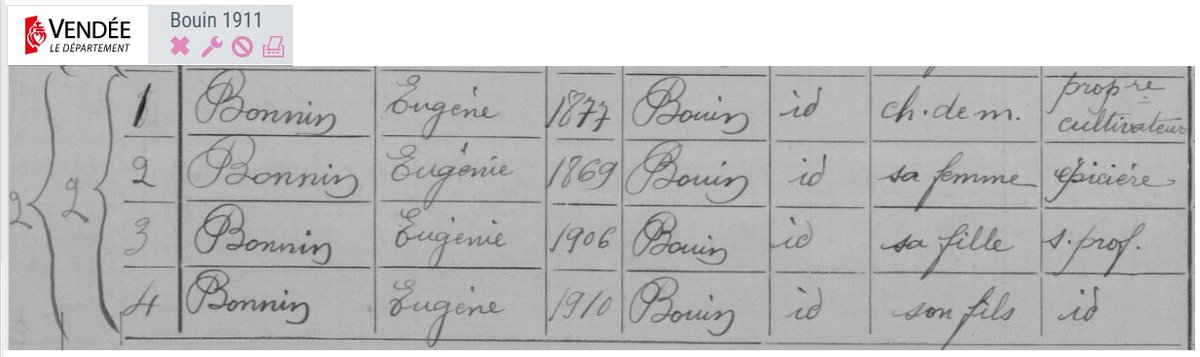 #Généalogie | #Curiosité
Quand Eugène et Eugénie ont des petits Eugène et Eugénie. #Bouin #Recensement 1911 #Vendée #Prénoms #AD85