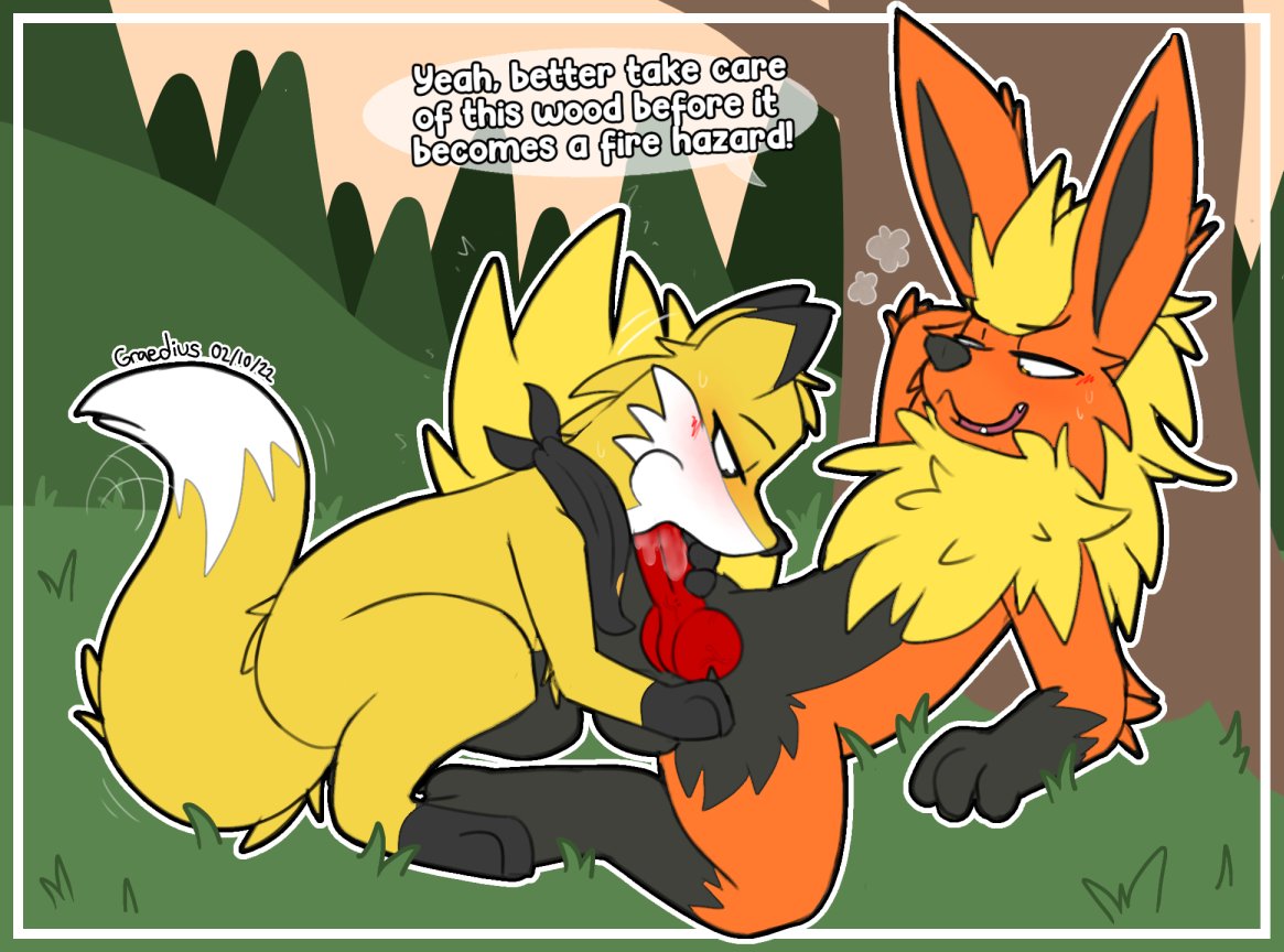 Ember the FireSmart Fox is helping keep her community safe by dousing this peice of wood in liquids to make it less likely to present a hazard! That's FireSmart™.

Rough phone doodle featuring  <a href="/Fyre_Flareon/">Fyre Flareon</a>, teaching our new mascot heroine that not all fires are literal. l3
