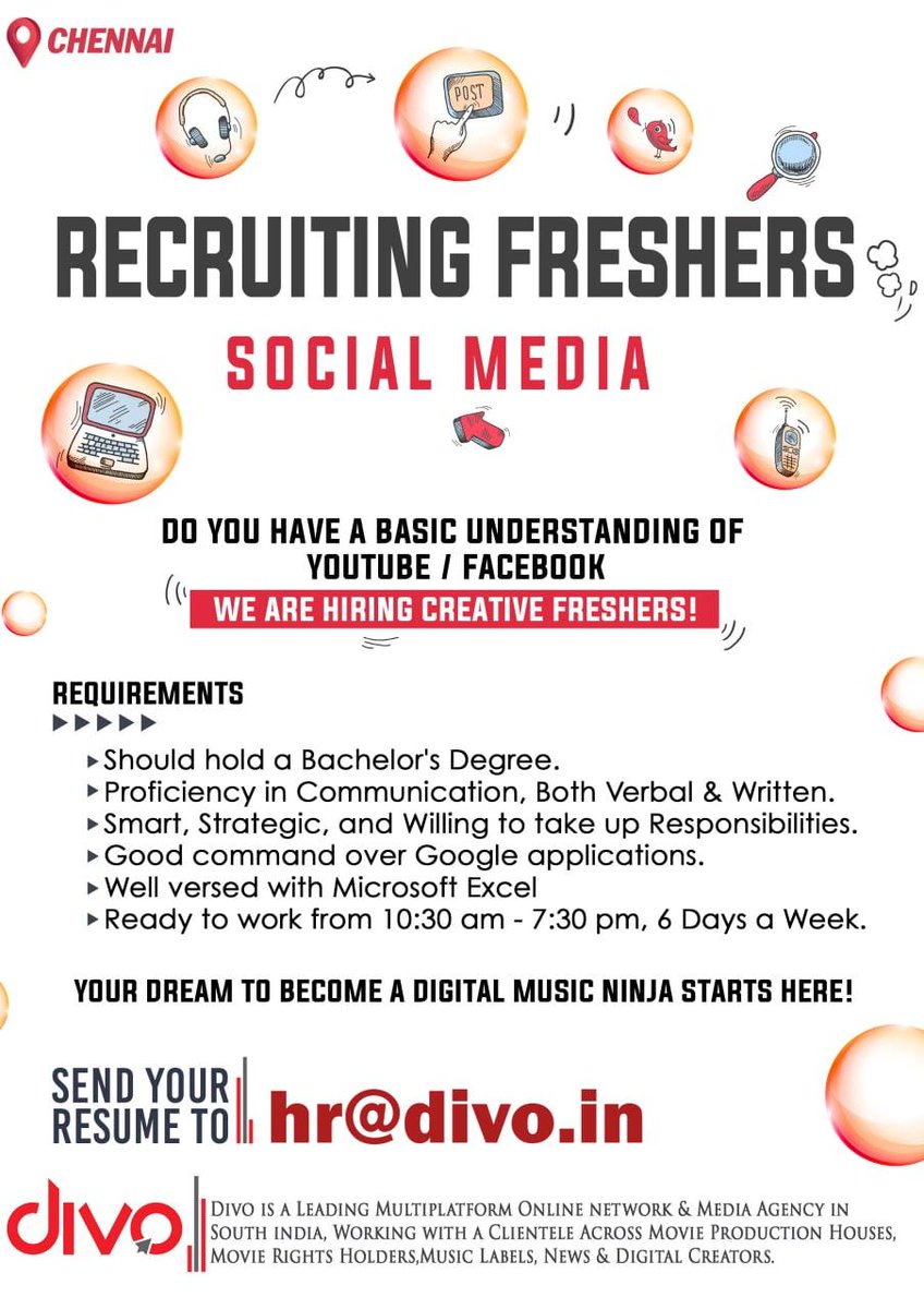 divomovies's tweet photo. Job Opening Alert 🚨
We are recruiting "Social Media Freshers"
Location: Chennai
Take a look on the requirements and send your resume to hr@divo.in 📮
#DivoHiring #WorkAtDivo #Hiring #CareerAtDivo #Divo https://t.co/ZbEJKayFzN