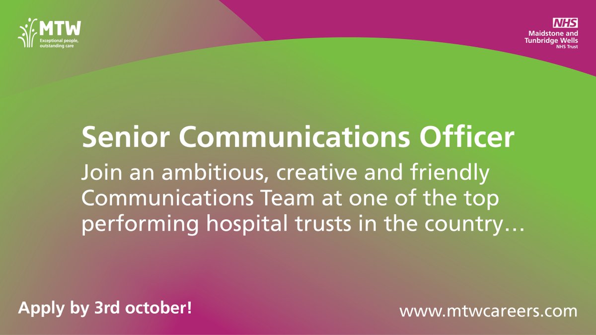 MTW NHS Recruitment and Apprenticeships (@mtwrecruitment) on Twitter photo Can you handle media enquiries and help us shout about what makes <a href="/MTWnhs/">Maidstone and Tunbridge Wells NHS Trust</a> a great place to work or be cared for? If it's a yes, we have a Senior Communications Officer role that we would love you to apply for - zcu.io/MxRh #TeamMTW #NHS #Careers Can you handle media enquiries and help us shout about what makes <a href="/MTWnhs/">Maidstone and Tunbridge Wells NHS Trust</a> a great place to work or be cared for? If it's a yes, we have a Senior Communications Officer role that we would love you to apply for - zcu.io/MxRh #TeamMTW #NHS #Careers