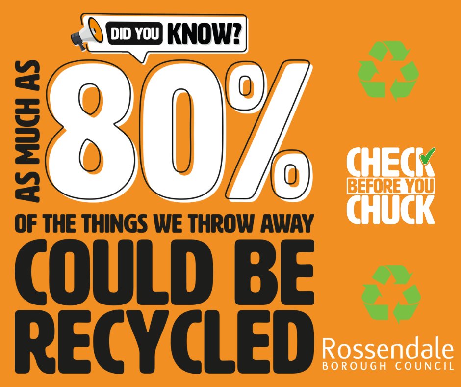 ♻️ Watch your waste &amp; CHECK BEFORE YOU CHUCK! It’s essential for the environment that you know what you can &amp; cannot recycle.

That’s why we’re running a recycling pilot scheme to increase our recycling in Rossendale &amp; we need your support.

Find out more- bit.ly/CheckB4YouChuck