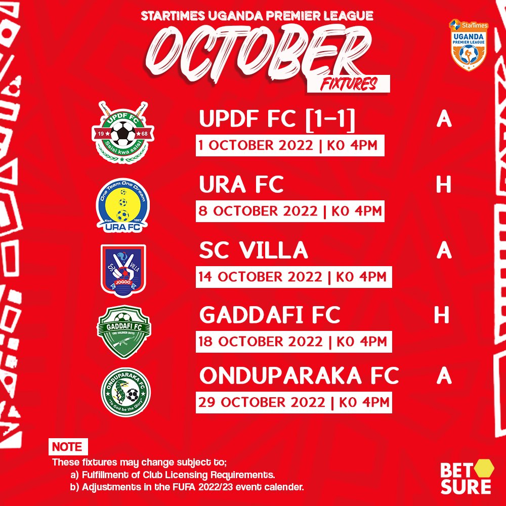All our <a href="/UPL/">StarTimes Uganda Premier League</a> First 5️⃣ games are in October!
#ExpressNation, How many points do you see?

#OctoberFixtures
#MukwanoGwabangi🔴🦅
#FCat65