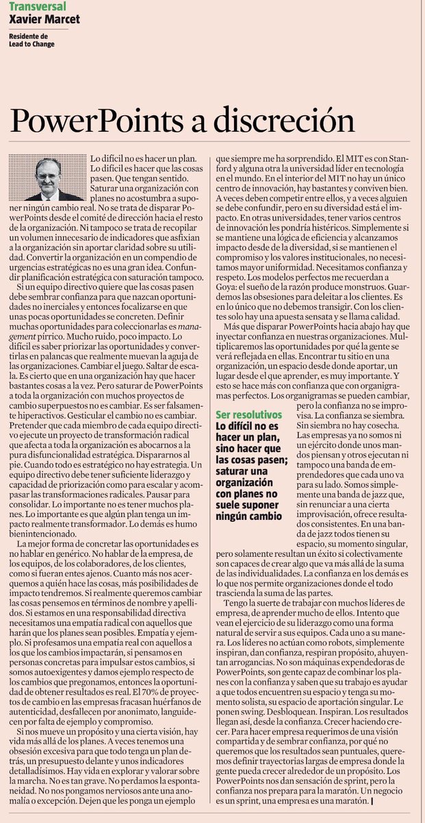 AndresOrtega's tweet photo. “Cuando todo es estratégico, no hay estrategia.”
“Los lideres no son máquinas expendedoras de Power Points, son gente capaz de combinar los planes con la confianza (…)"
Fantástica columna de @XavierMarcet
#4reading #5stars https://t.co/2WznlcU0sH