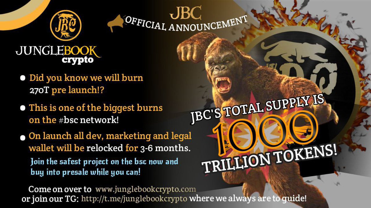 JBC_Hub's tweet photo. (1/2)
JBC official announcement🔥

JBC's total supply is 1000 Trillion tokens!
Did you know we will burn 270T pre launch!?🔥

This is one of the biggest burns on the #bsc network!

#BSC #Binance #bscgems @cz_binance #crypto https://t.co/WUuWwitZ0x