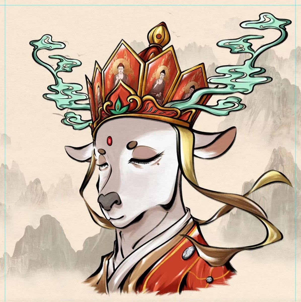 📖【Apsaras-Stories Share丨动物山水 Animal Landscape】

莫高窟第285窟，西魏。
三只鹿在山间奔跑，益智为黑色两只棕色，鹿的背后则是三色的山峰。

Co branded, Aperture and Westward Journey are all amazing!!! 💖

#NFTartwork #ApsarasNFT #九色鹿