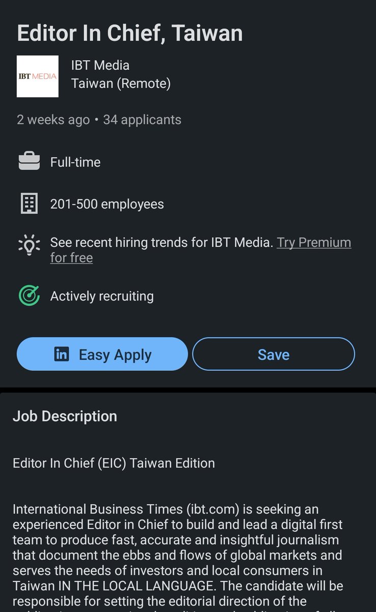 Daniel Cunningham (@dancunnin) on Twitter photo International Business Times <a href="/IBTimes/">Intl. Business Times</a> is looking to hire a Taiwan-based editor-in-chief to lead a new, Chinese language version of the media outlet. Looks like an exciting opportunity for the right person: linkedin.com/jobs/view/3267… International Business Times <a href="/IBTimes/">Intl. Business Times</a> is looking to hire a Taiwan-based editor-in-chief to lead a new, Chinese language version of the media outlet. Looks like an exciting opportunity for the right person: linkedin.com/jobs/view/3267…