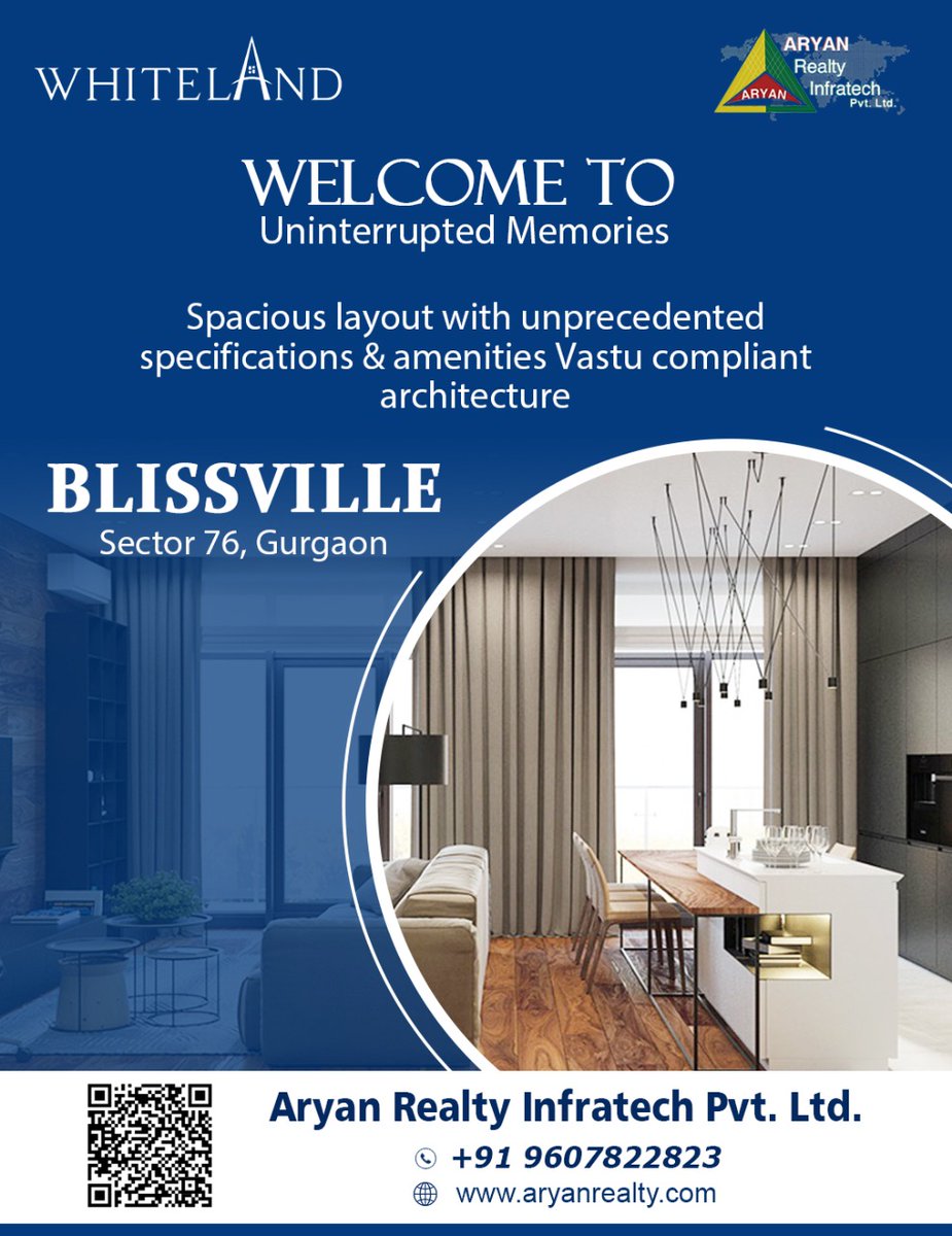 Enjoy Luxurious 3 Bedrooms with dedicated terrance & Basement
Exlore Whiteland Blissville At Sector 76 Gurgaon

#aryanrealtyinfratech #WhitelandBlissville #whiteland #Launches #Sector76  #architecture #luxury #homes #newhome #property #Gurgaon #Sector76Gurgaon