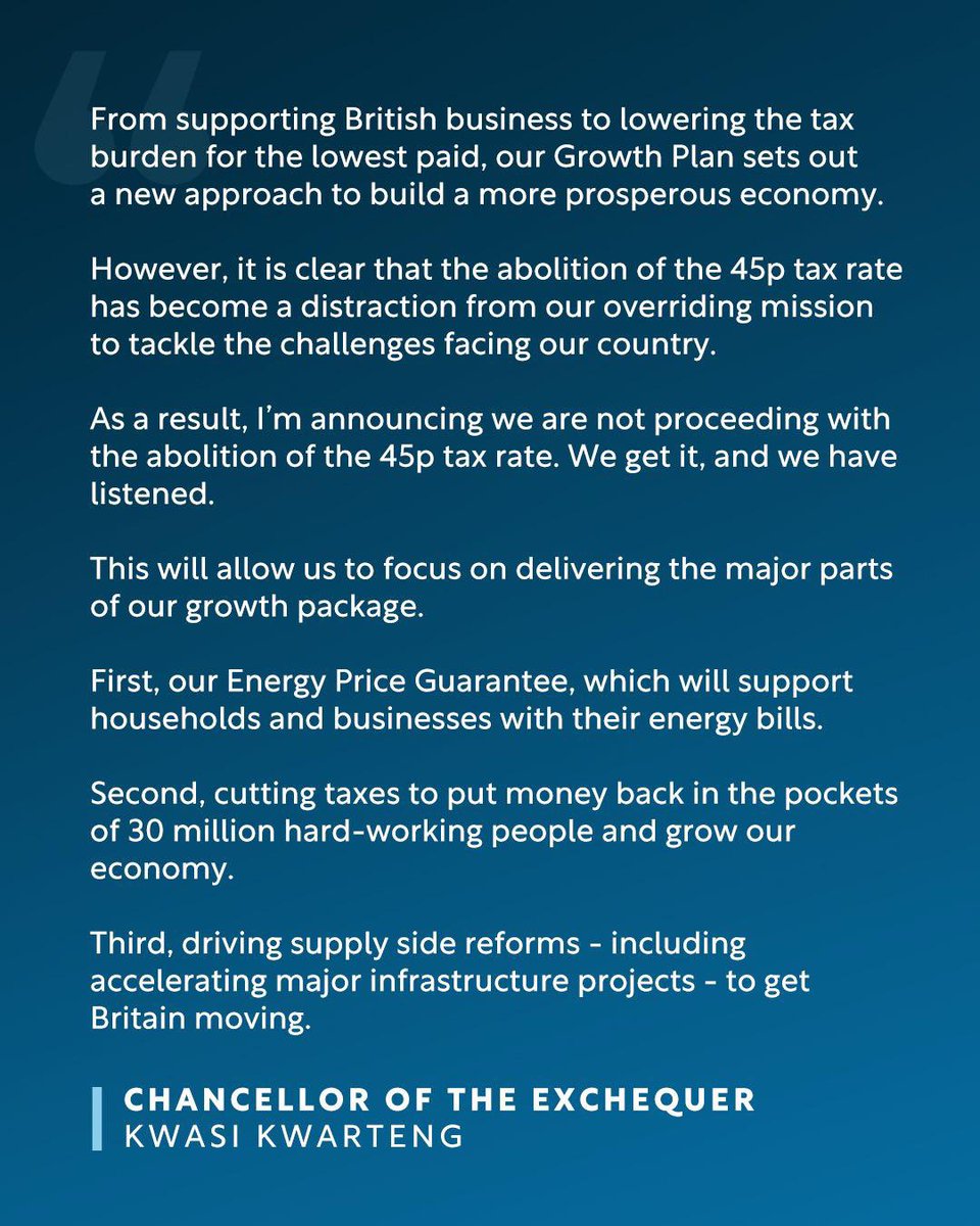 We get it and we have listened.

The abolition of the 45pc rate had become a distraction from our mission to get Britain moving.

Our focus now is on building a high growth economy that funds world-class public services, boosts wages, and creates opportunities across the country. 