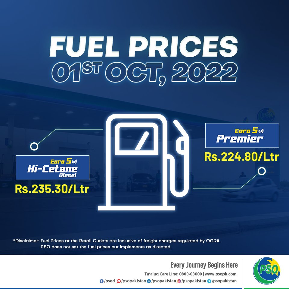 PSOPakistan's tweet photo. Prices of various PSO products have been revised, effective October 01, 2022, as approved by the Government of Pakistan (GoP) and communicated by the Oil & Gas Regulatory Authority (OGRA).
#PSOUpdates #FuelPrice https://t.co/trLw7g997Z