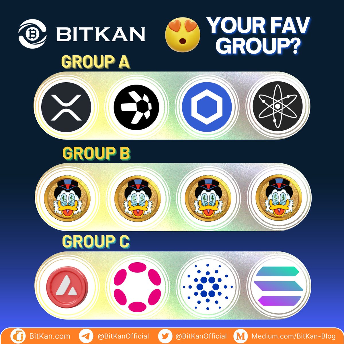Pick your favourite #crypto group! 🔥 

GRP A: #xrp #qnt $qnt $link $atom
GRP B: $QUACK #QUACK <a href="/RichQuack/">QUACK</a> 
GRP C: #avax $dot $ada $ada cardano $sol solana

Get all of these coins in #BitKan today!
🎁: t.bitkan.com/t/Fs
📱: t.bitkan.com/t/uo