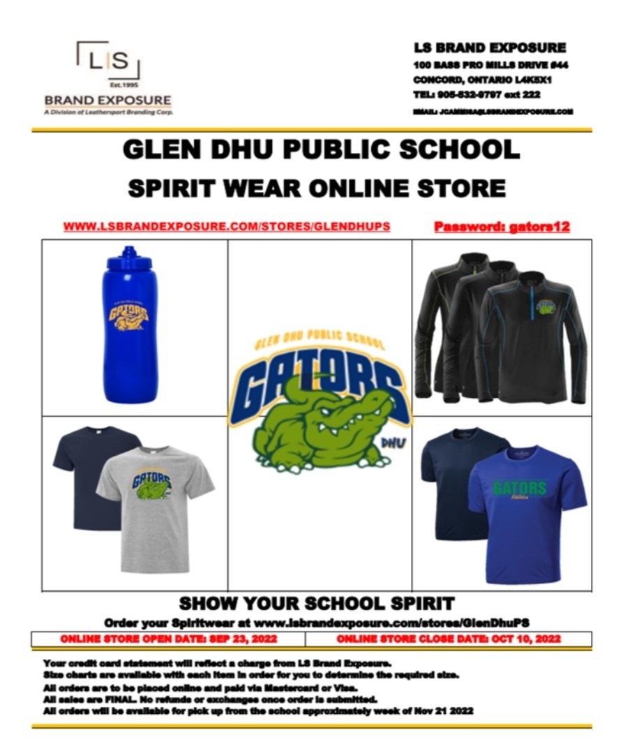 Spirit wear! Now available, but only until October 10th! Thank you Mrs. Robson for organizing this!