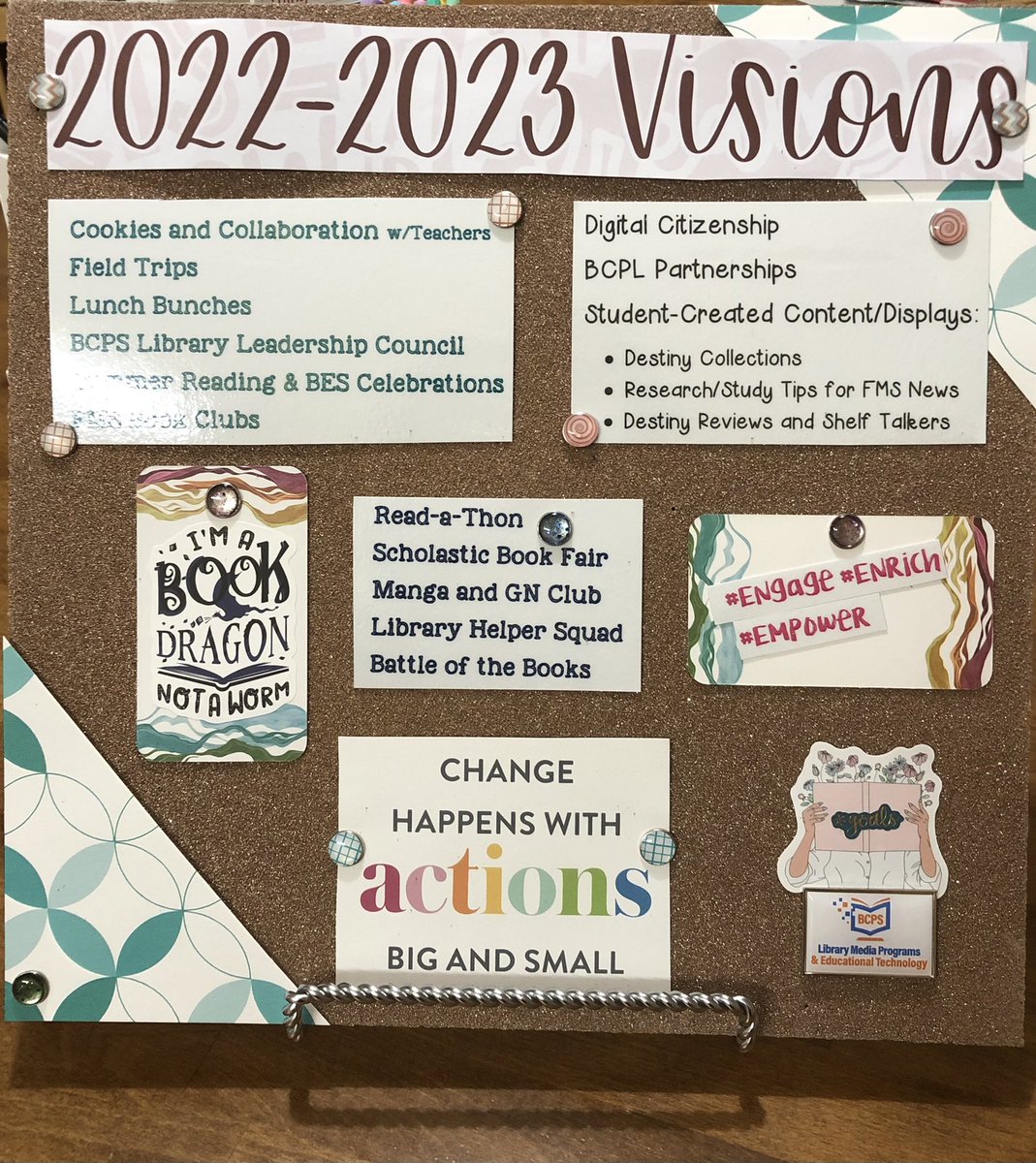 AmySamay's tweet photo. I took advantage of this rainy day and created a vision board for the @FranklinMS_BCPS Library Program. @BCPSLMP #fmsreaders #FranklinForward https://t.co/cwQ8dNGrFI