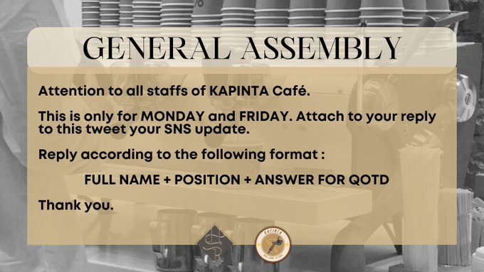 10-03-2022

Attention to all staffs!

Clock in before proceeding to work. Kindly follow the format. Thank you!

What is 2 times 2 times 2 times 4 times 8 times 2 minus ten divided by 2 times 4? /j

What's an event you would like to suggest for Kapinta in the future?
ᅠ
