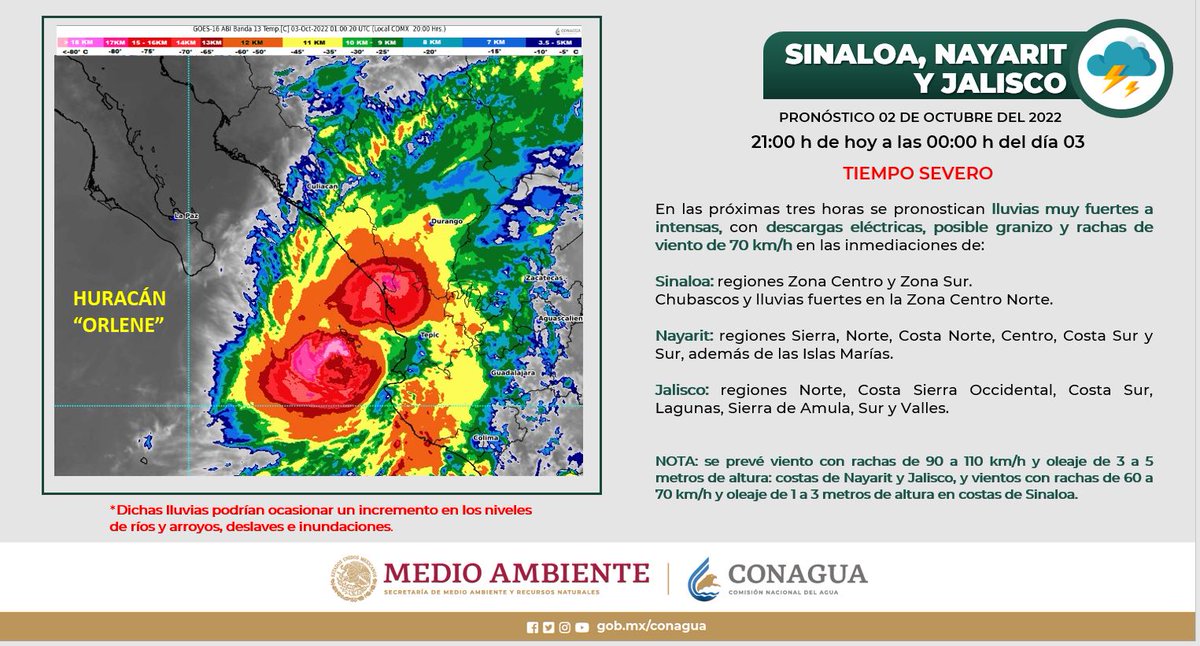 ⚠️Durante la noche se esperan #Lluvias muy fuertes con #Rachas de #Viento de hasta 70 km/h en Zona Centro y Sur de #Sinaloa,y en #Nayarit en las regiones Sierra Norte, Costa Norte, Centro, Costa Sur y las Islas Marías. 
¡Tomen precauciones!