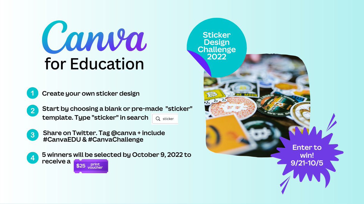 Motivation Monday! Don't Forget! Join in the #CanvaEDU Sticker Design Challenge! ✨

It's easy &amp; fun!
🎨 Create your own sticker design
🐦 Share on Twitter by 10/5 &amp; tag 
<a href="/canva/">Canva</a> + include #CanvaEDU &amp; #CanvaChallenge

5 winners will be selected to receive a $25 print voucher! #ad