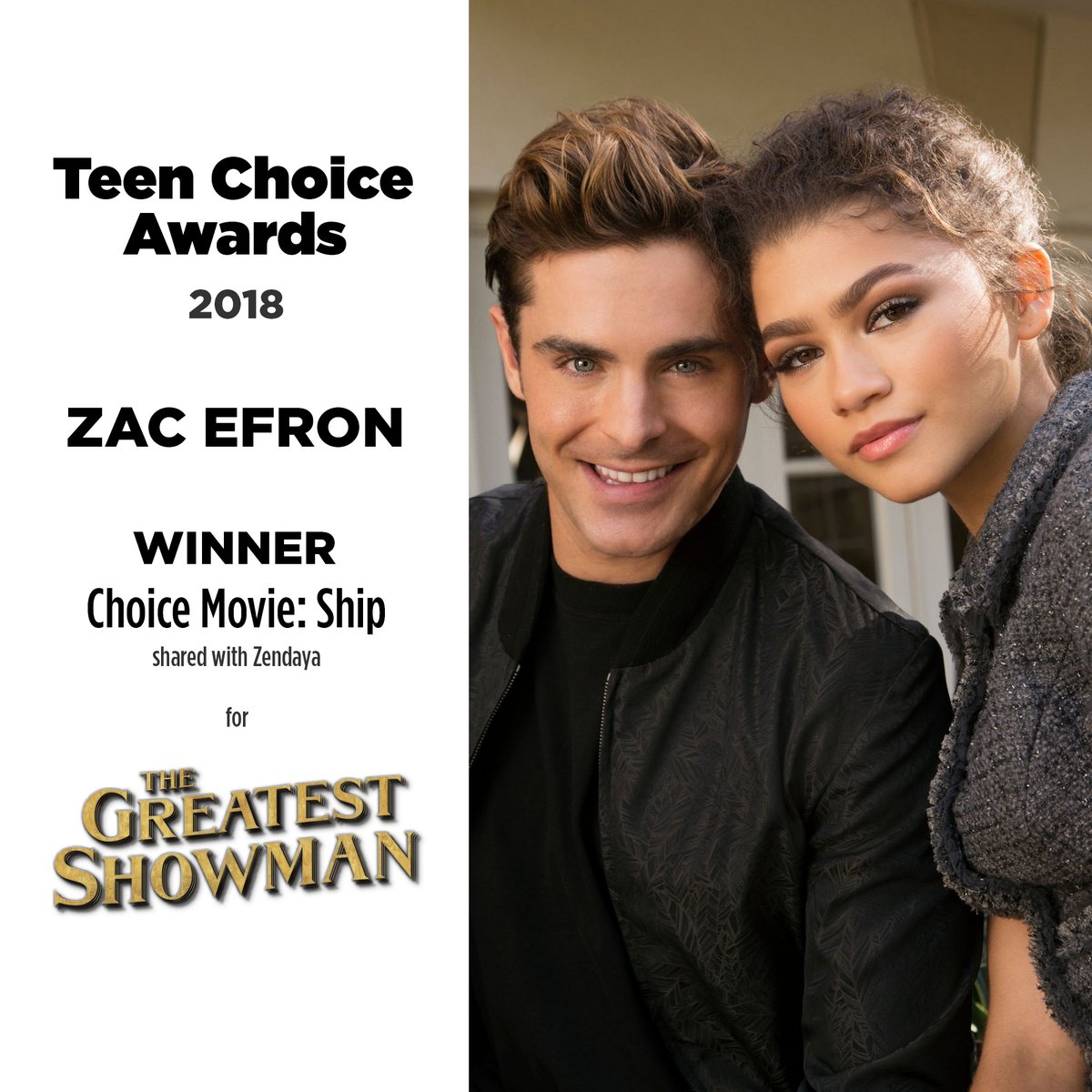 NotableZacEfron's tweet photo. Teen Choice Awards 2018
Nominee
Choice Movie: Ship
shared with #Zendaya
for #TheGreatestShowman
#TeenChoiceAwards #TeenChoiceAwards2018 #TCAs #TCA2018 #ZacEfron #Awards #ZacEfronAwards https://t.co/YZpha4fTK2