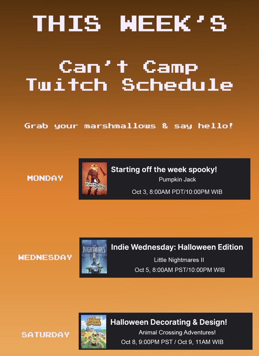Cant_Camp's tweet photo. We got a new look for this month and a bunch of new spooky games like #PumpkinJack, #LittleNightmares2, and Halloween decorating in #AnimalCrossingNewHorizons. So grab some marshmallows (or candy) and visit us on Twitch! 🎃 https://t.co/Qanqt6bQTi