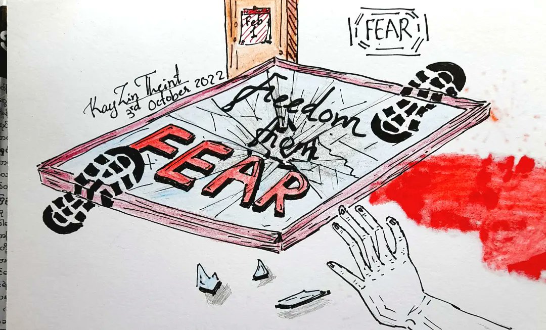 ArtjourneybyKit's tweet photo. Revotober Day 3:Fear
#revotober 
#revotoberday3
#fear 
#ink
#colorpencil
#loveart
#myanmarmilitarycoup https://t.co/wr3BOe9h9r