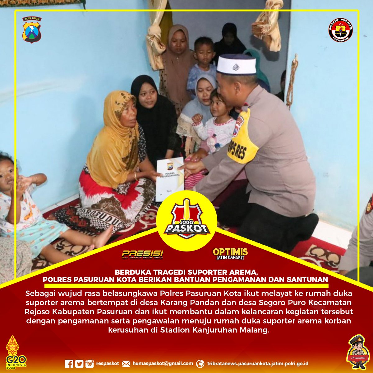 respaskot11's tweet photo. Berduka Tragedi Suporter Arema, Polres Pasuruan Kota Berikan Bantuan Pengamanan dan Santunan 

#jogopaskot #paskot #polripresisi #polri #optimisjatimbangkit https://t.co/TcpMUDSiGE