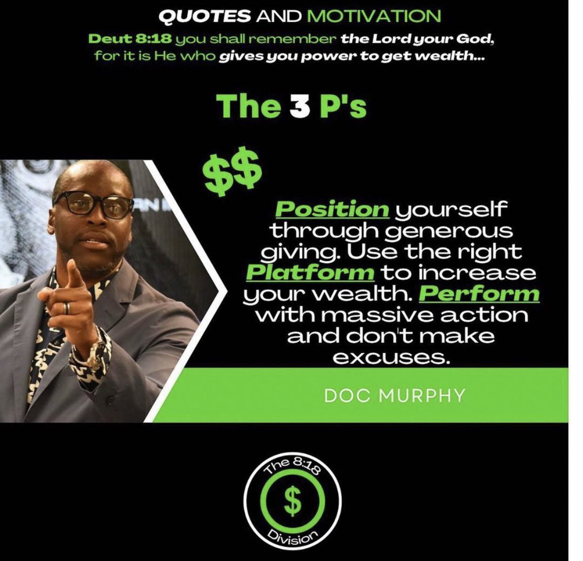 widmanuniv1's tweet photo. Position yourself through generous giving. Use the right Platform to increase your wealth. Perform with massive action and don't make excuses. #the818division #success #3ps #docmurphy #wealthtraining #leadership #motivation #business #entrepreneurship https://t.co/qxF7bsxGE5