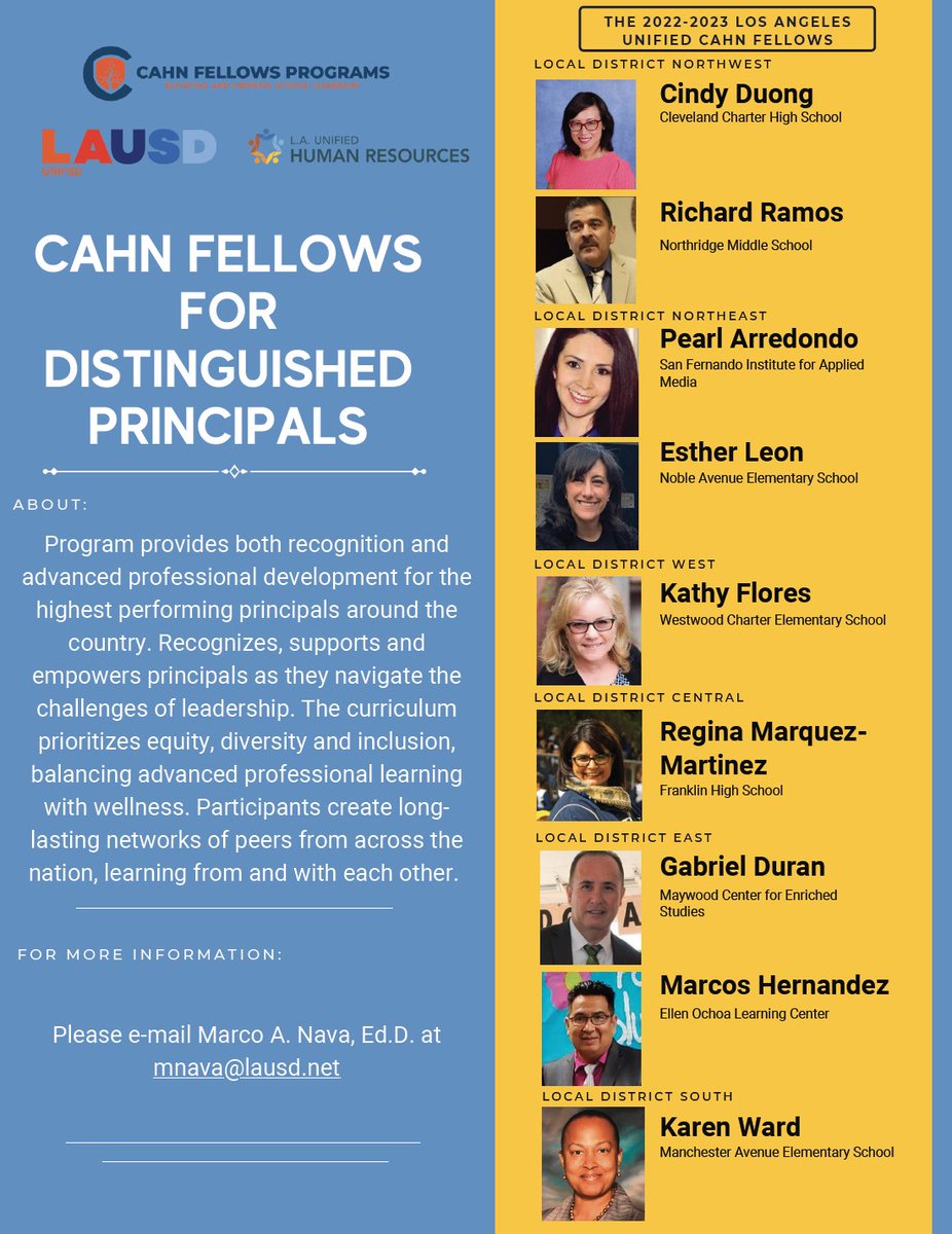 @LAUSDHR congratulates our 2022 Cahn Fellows for Distinguished Principals awardees! 🎉 HR wishes you a rewarding, exciting, and meaningful professional learning experience.
@TheCahnFellows #Leadership @ACSA_info #Principal #schooladmin