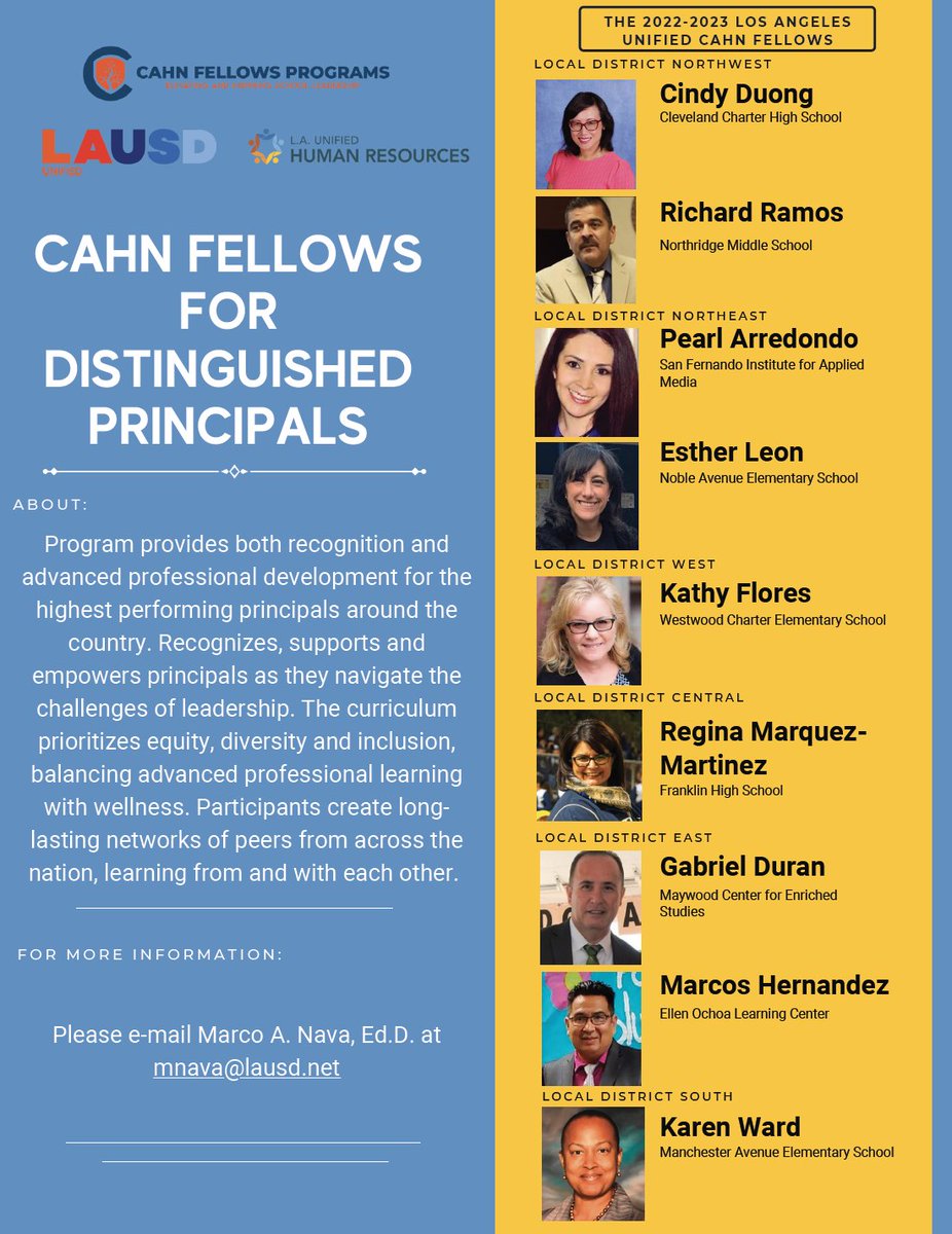 <a href="/LAUSDHR/">@LAUSDHR</a> congratulates our 2022 Cahn Fellows for Distinguished Principals awardees! 🎉 HR wishes you a rewarding, exciting, and meaningful professional learning experience.
@TheCahnFellows #Leadership <a href="/ACSA_info/">ACSA</a> #Principal #schooladmin