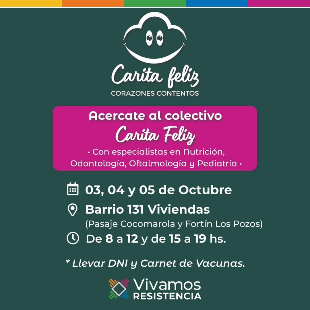 👉Desde mañana, lunes 03, el policonsultorio móvil de la Ciudad estará en Pasaje Cocomarola y Fortín Los Pozos, barrio 131 Viviendas, para brindar atención oftalmológica, odontólogica, pediátrica y nutricional a niños, niñas y adolescentes.

#CaritaFeliz #VivamosResistencia