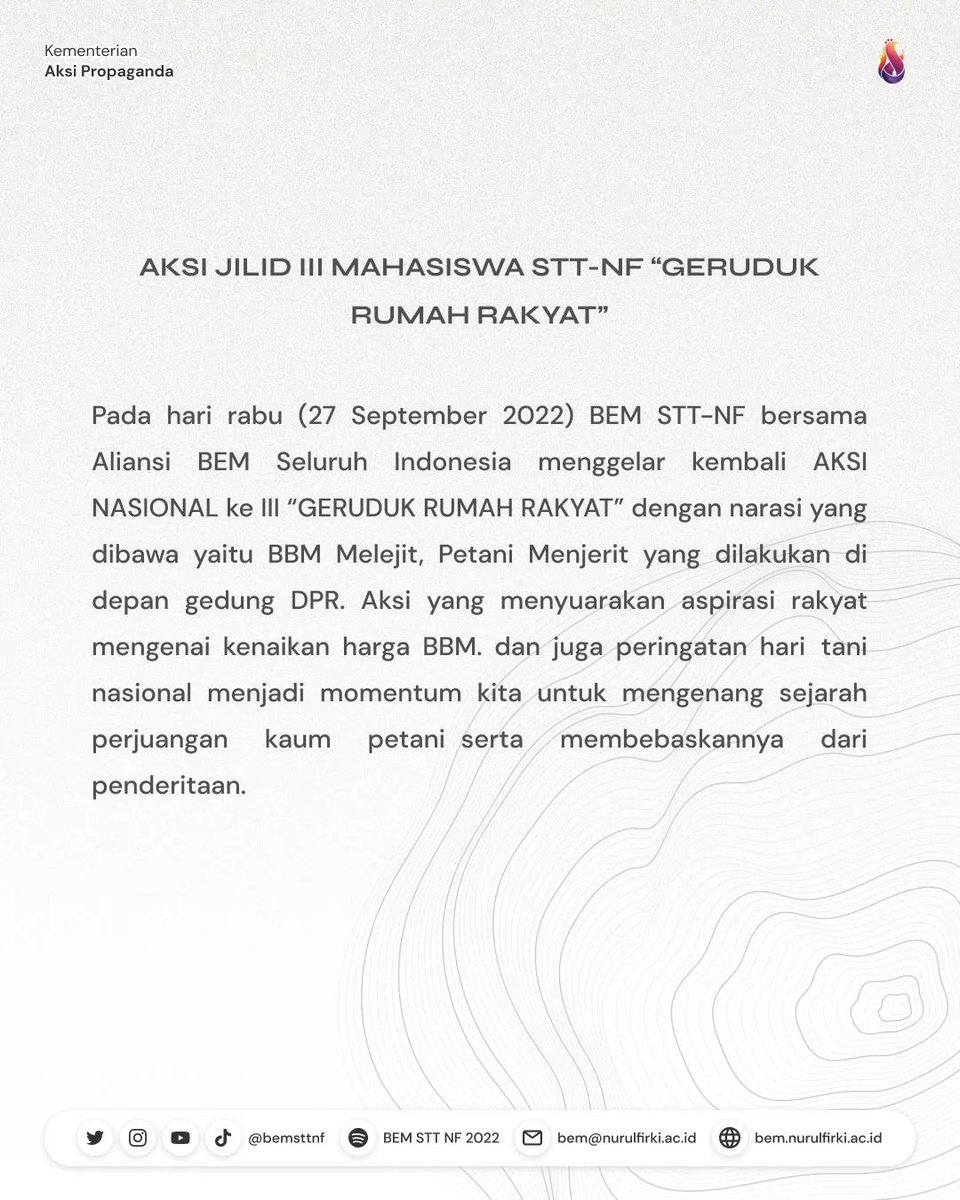 bemsttnf's tweet photo. [PRESS RELEASE JILID III STT NF "GERUDUK RUMAH RAKYAT"]

Assalamu'alaikum Warahmatullahi Wabarakatuh
Halo Teman-teman semuanya 🙌🏻
Pada hari rabu tanggal 27 September 2022 BEM STT-NF bersama Aliansi BEM Seluruh Indonesia menggelar kembali AKSI NASIONAL ke III https://t.co/Zu2o0mrDT2