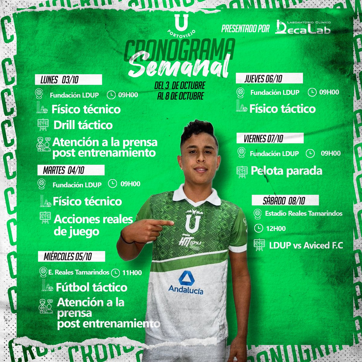 LDUPoficial's tweet photo. Cronograma semanal de trabajo presentado por Laboratorio clínico #Decalab
🗓️Del 3 al 8 de octubre
🔜#AvicedFC
#VamosLiga🟢⚪️ https://t.co/vwbCNHOSil