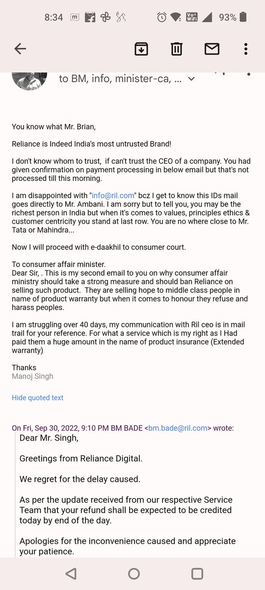 techie_manojs's tweet image. Seems you ignored my last tweet NVM, I &apos;ll keep trying,another mail sent to Ril. @jagograhakjago,@PiyushGoyal @RelianceDigital. I am not against Ril, their contribution to economy growth is there but they should not be allowed to harass consumers dear @narendramodi jee..