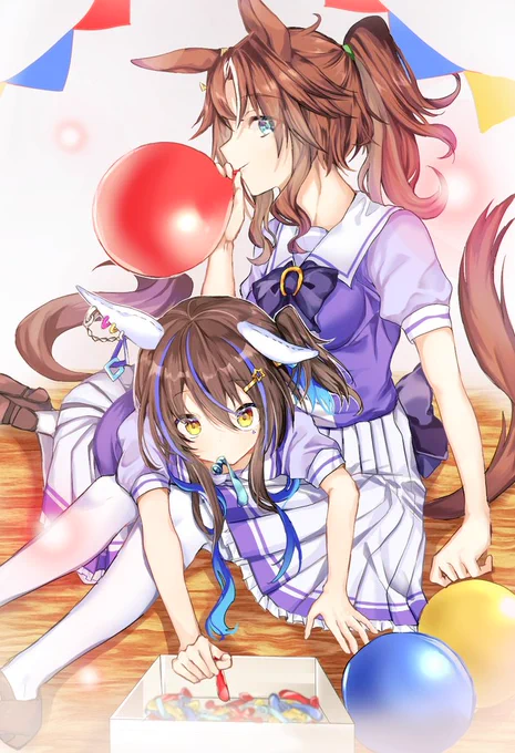 #ウマ娘      -お題箱より-ウマ娘:学園祭の準備で口で風船(普通のゴム風船)を膨らませてるダイタクヘリオスとメジロパーマーリクエストありがとうございます 