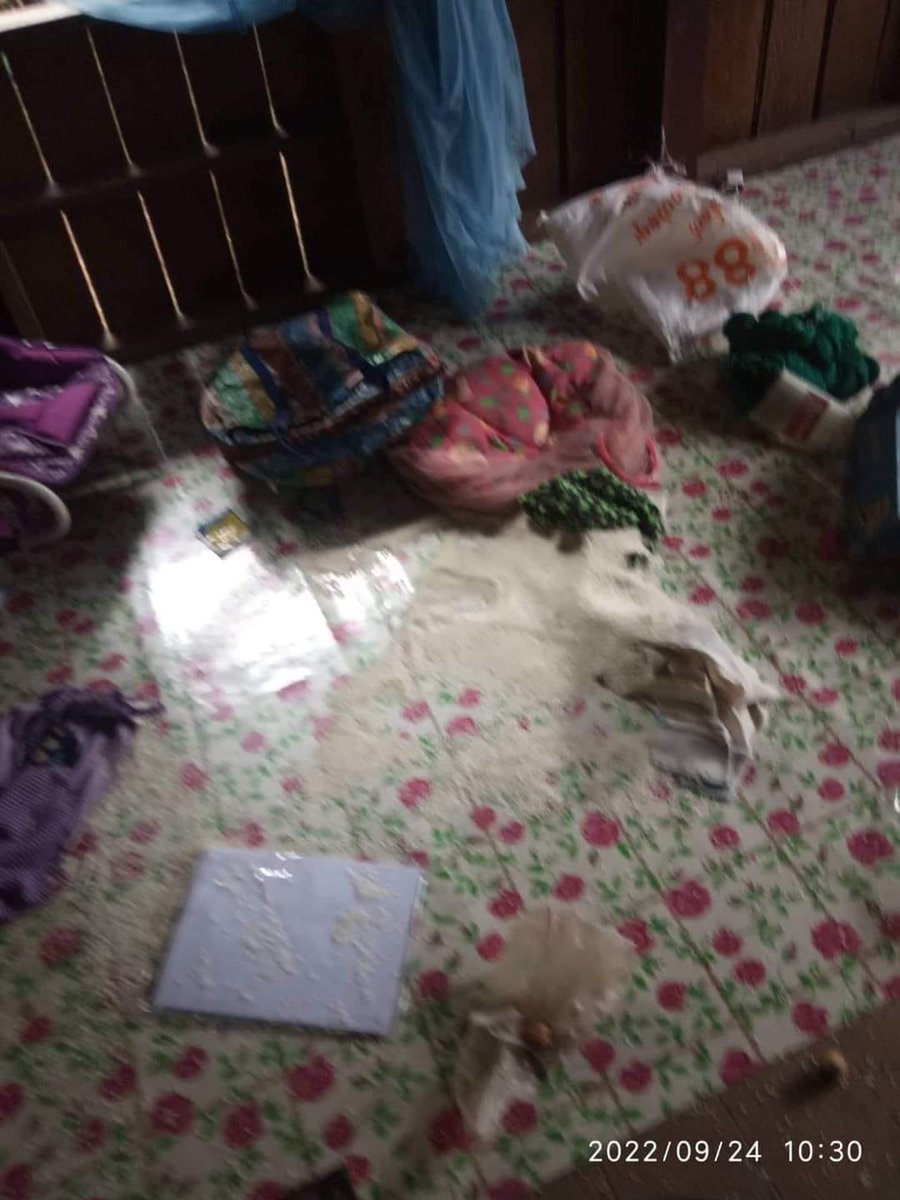 Two villagers in Bago’s Kyaukkyi were killed and five others injured by a junta RPG strike on Sept. 29, which forced some 4,000 people to flee their homes, said the Karen National Union. (Photo: Juta soldiers search houses in a village in Kyaukkyi) #WhatsHappeningInMyanmar