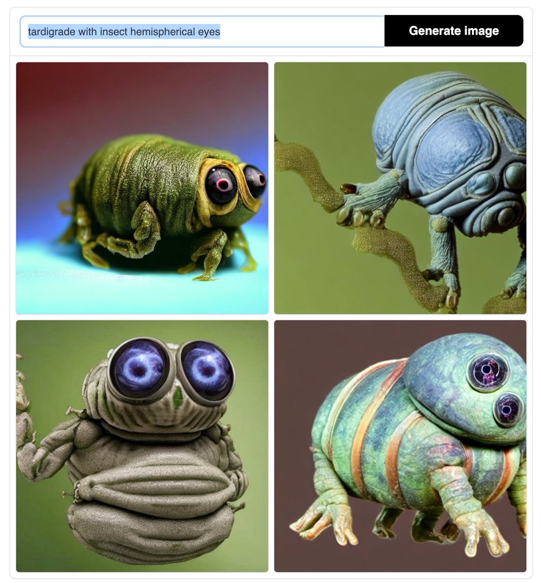 Trying out an #AI text-to-image generator at huggingface.co/spaces/stabili… with terms '#tardigrade with insect hemispherical eyes' Its like having your own Cambrian explosion life form generator. #Astrobiology #Biology