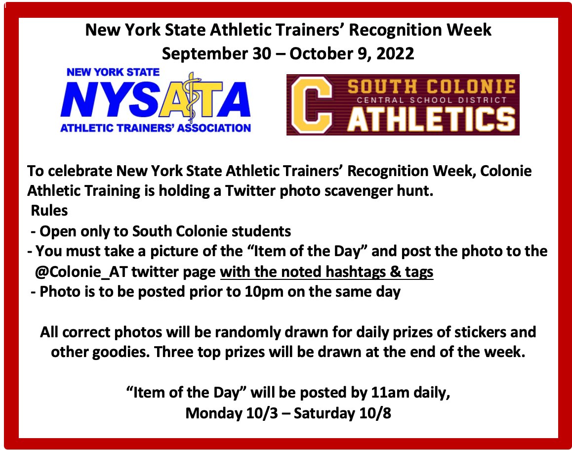 Colonie_AT's tweet photo. FREE STUFF! Check out this contest @SC_Raiders @csd_south students! It's NYS AT recognition week &amp; I'm running a contest to have fun with it! @GO_NYSATA @NATA_SSATC @NYSPHSAA #WhosYourAT #AT4All #NYATWeek2022 Starts Monday! https://t.co/D8eg10IIVa