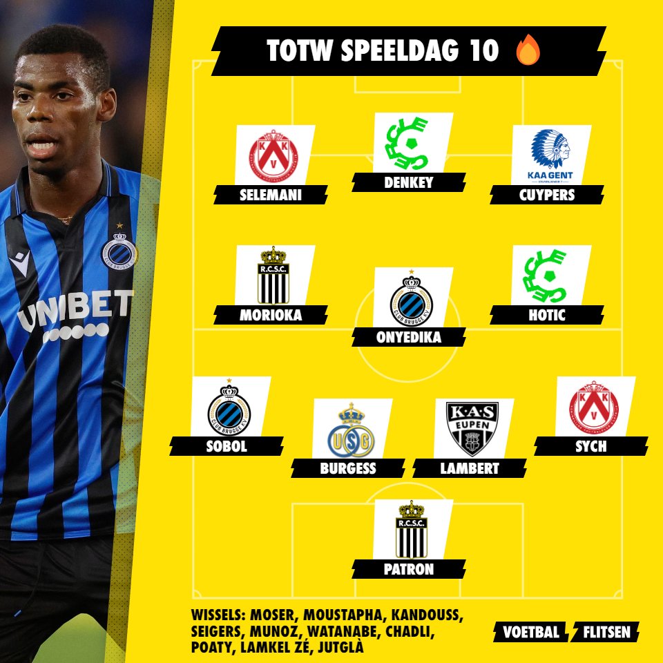 VoetbalflitsenB's tweet photo. Het VF-elftal van de week voor speeldag 10 in de JPL! 😍

#KVKortrijk #CercleBrugge #KAAGent #Charleroi #ClubBrugge #FCB #KASEupen #UnionSaintGilloise #Westerlo #LamkelZé #Onyedika #Watanabe #Munoz #Denkey #FaizSelemani #RyotaMorioka #JPL #JupilerProLeague #ProLeague https://t.co/COhgXJRC4m
