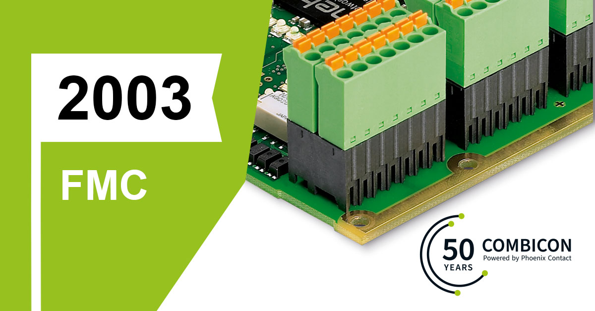50 vuotta #COMBICON virstanpylväitä - "menossa syvemmälle" vuonna 2003: Erityisen litteä FMC 1,5 -push-in-liitin, jonka korkeus on vain 7,8 mm mahdollistaa pienemmän laitteen suunnittelun. Kompakti push-in-liitäntätekniikka. 
👉phoe.co/combicon50year…
#combicon50years