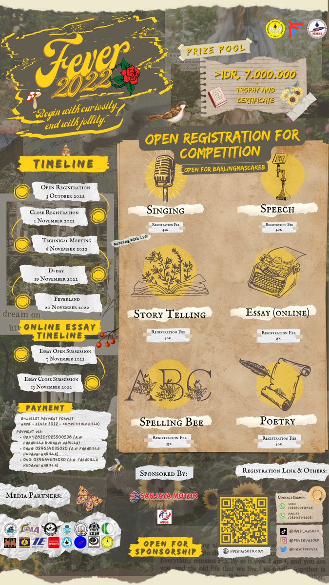 unsoedfever's tweet photo. [Fever 2022 Open Registration]

Salam Budaya!

The COOLEST English competition is FINALLY BACK! 🥳

Himpunan Mahasiswa Sastra Inggris Unsoed Proudly Present:

🌻 FEVER 2022  🌻

FEVER 2022 is OFFICIALLY BACK in an OFFLINE setting with various amazing competitions, such as: https://t.co/jFHbJKNJ5T