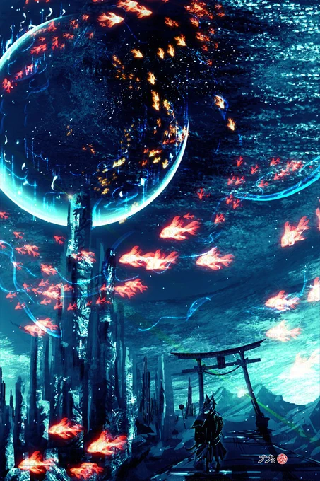 青い世界を優雅に舞う鮮やかな金魚#あなたのあお色の作品を見せてください 