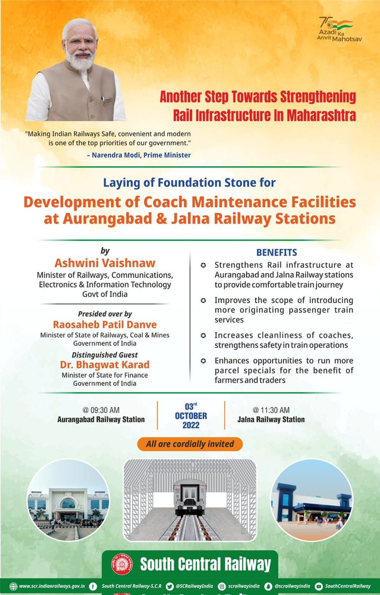 RailMinIndia's tweet photo. Strengthening Rail Infrastructure in Maharashtra!

Hon'ble Minister of Railways Shri @AshwiniVaishnaw will lay the foundation stone for the Development of Coach Maintenance Facilities at Aurangabad &amp; Jalna Railway Stations, today. https://t.co/MeEvFdRwIr