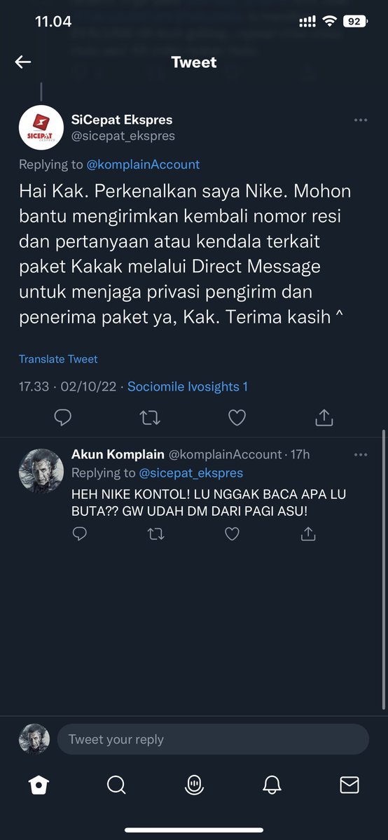 komplainAccount's tweet photo. Si “NIKE” KONTOL DARI @sicepat_ekspres KEMANA!! KEMAREN SURUH DM TAPI GA DIBACA2 ASUUU sekarang emang si epat! https://t.co/5URKrkBoAV