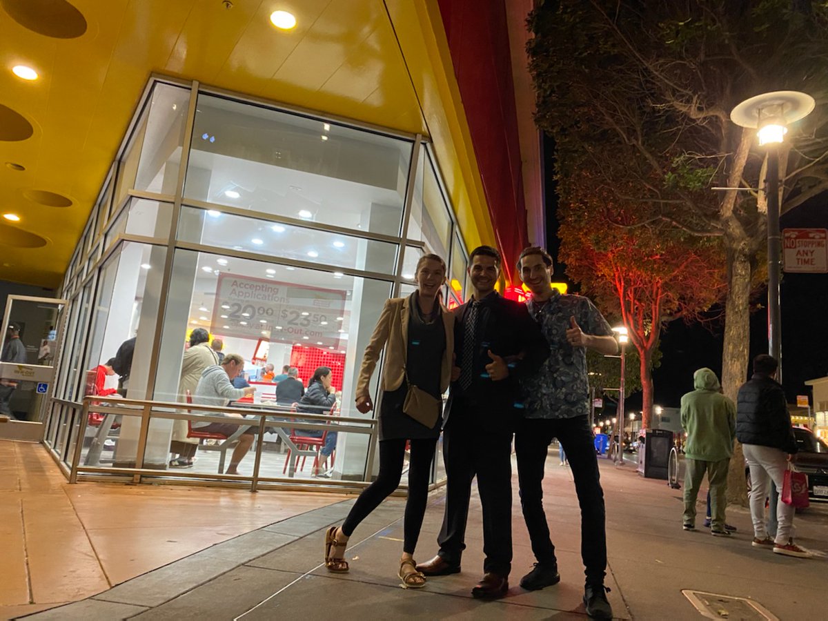 After a hard day of #ACEP22 learning, what can you do to refuel? @innoutburger of course! Check out @BryczkowskiMD and @HeyThereMare lording over a #SanFrancisco burger joint on and repping RWJ EM late in the night!