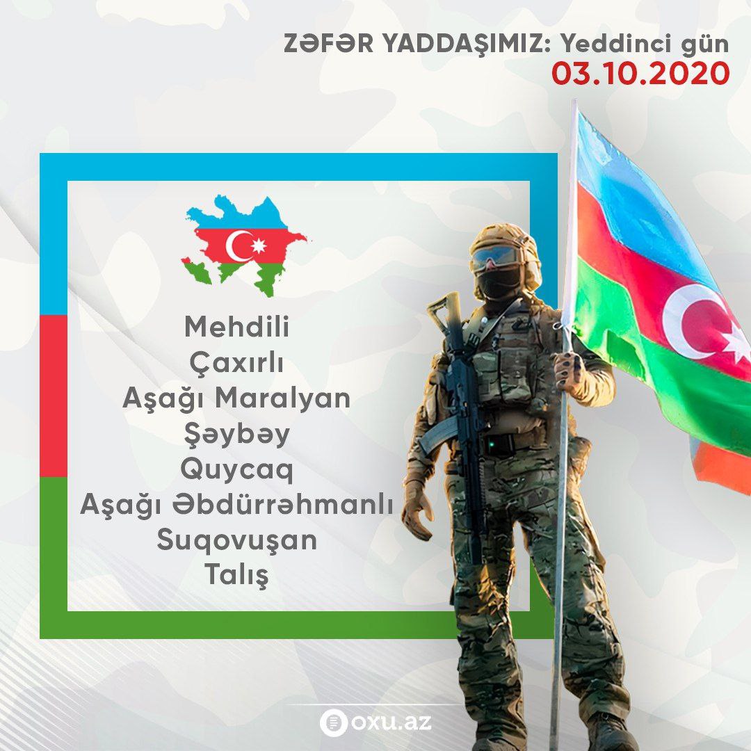 #Tarixdəbugün

🇦🇿 2 il əvvəlin bu günü Vətən müharibəsinin yeddinci günü idi. Həmin gün İşğaldan azad edilmiş ərazilərimiz