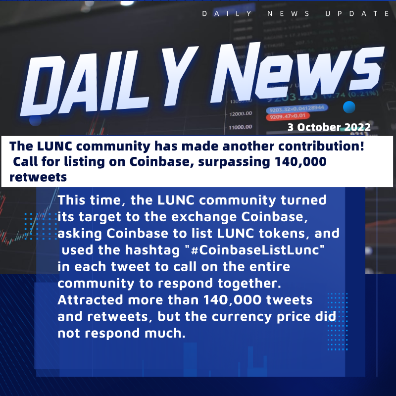 CoinMasterBC_'s tweet photo. The #LUNC community has made another contribution!  Call for listing on #Coinbase , surpassing 140,000 retweets

Follow @CoinMasterBC for more updates!📣

#cryptocurrency #crypto #cryptking #trader #bitcoin #bitcoinlife https://t.co/SXFkpudvYN