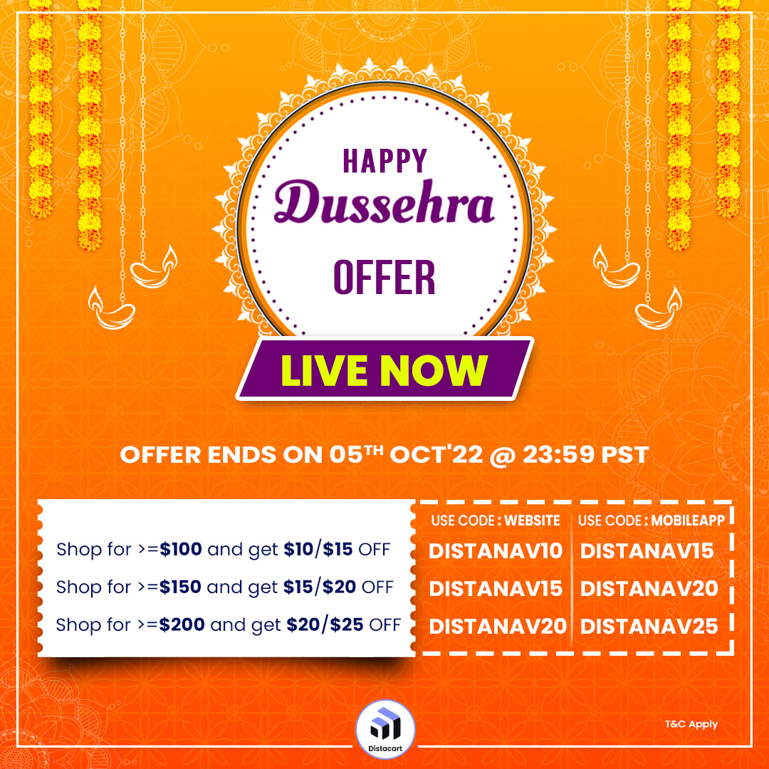 Distacart's tweet photo. ✨Distacart's #HappyDussehra Discount Offer - Live now✨
Shop for >=$100 and get $10/$15 OFF, DISTANAV10 / DISTANAV15 (Mobile App)
For more info👉 https://t.co/kZ8MathHeQ
#Distacart #Dussehra #Dussehra2022 #websiteoffer #happydussehra2022 #navratri https://t.co/BZ6saqenDo