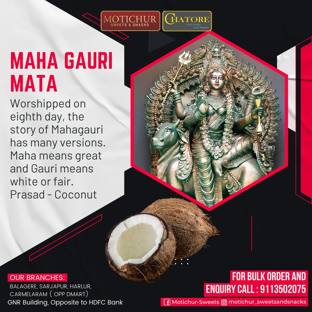 The 8th day of Navratri is observed as Ashtami Tithi or Mahashtami Vrat. 
+91 72049 04947
Our Branches: Balagere || Harlur || Carmelaram ( Opp Dmart) || Cambengalli || Carmeleram ( Dodda- Kannelli )
motichursweets.com
#navratrifestival #art #hindu #gujarati #fashion