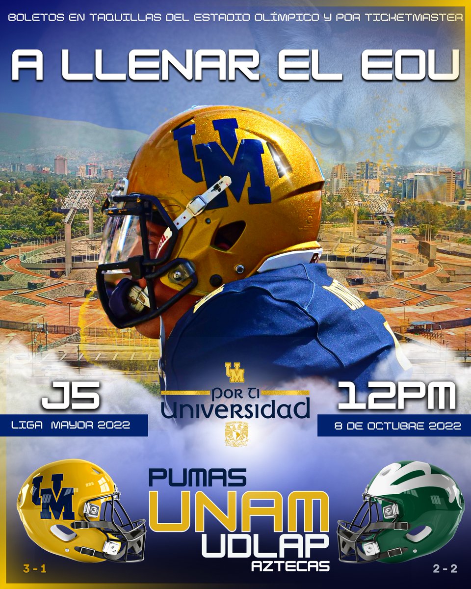 ¡NO TE LO PUEDES PERDER!

COPIA, PEGA, dale RT, DIFUNDE en tus redes y que TODO MÉXICO se entere que:

¡AQUÍ VIENEN LOS PUMAS!

J5 LIGA MAYOR ONEFA 2022

PUMAS UNAM CU vs Aztecas Udlap
8 de octubre
12 PM
E.O.U

BOLETOS EN TICKETMASTER: ticketmaster.com.mx/pumas-cu-v-azt…