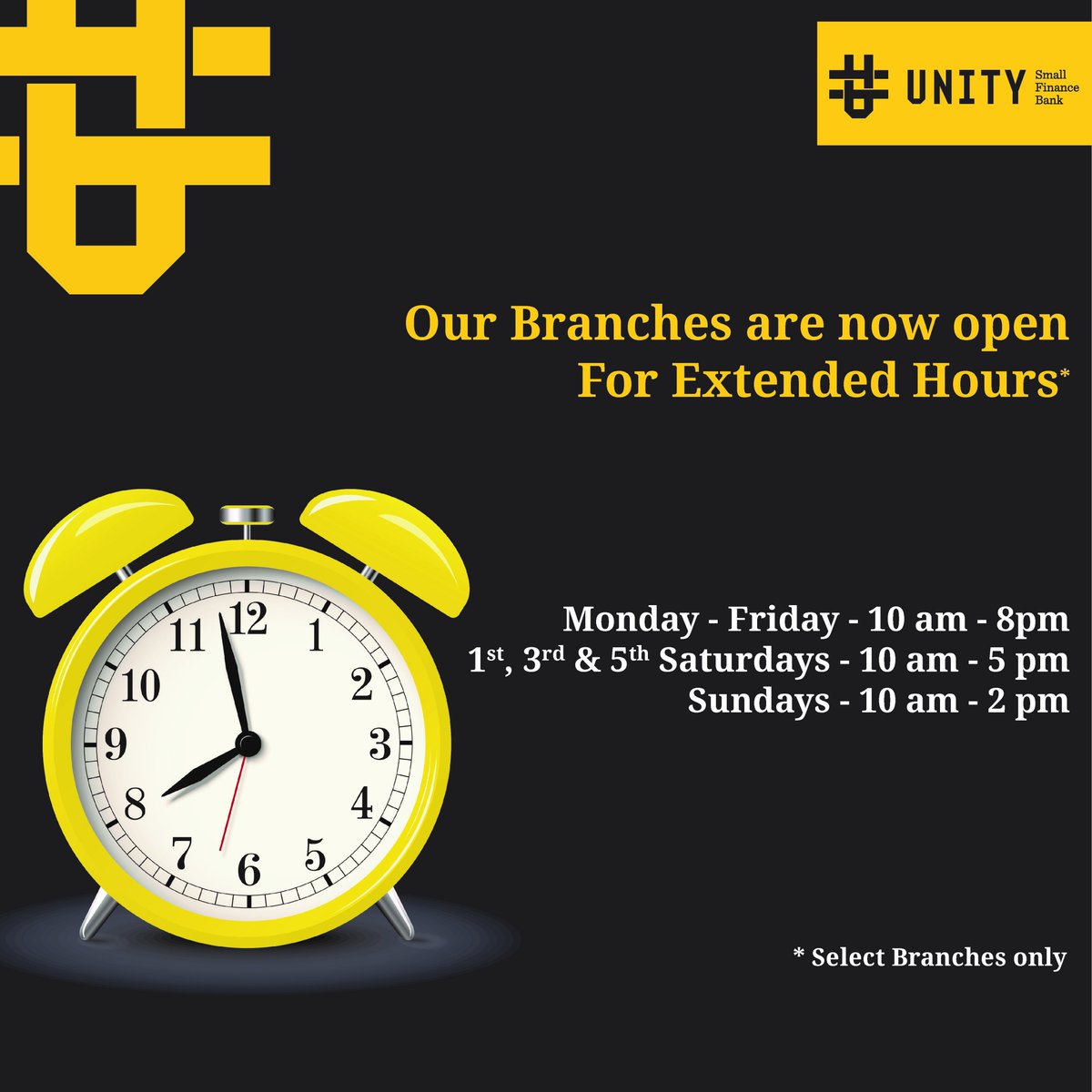 UnitySFBank's tweet photo. We understand that many of you find it difficult to visit us during banking hours. We’re now giving you the flexibility of Banking at your convenience. Select branches will now operate upto 8 pm.
Read More – https://t.co/0XcojHG339
#BankingHours #WorkTimings #customerfirst https://t.co/opwiiw5LVD
