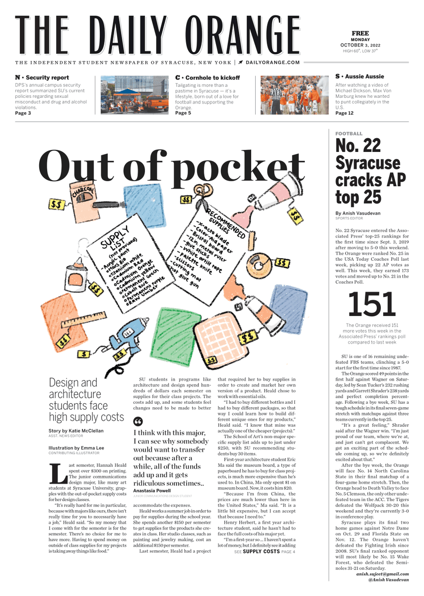 Today on the front page: Design and architecture students face high supply costs. Design by Santiago Noblin, illustration by Emma Lee.